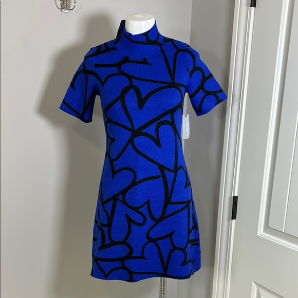 Anthropologie The Nina Short Sleeve Mock Neck Mod Mini Dress Blue Black XSP NEW - Picture 2 of 14